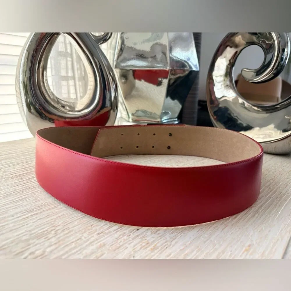 VTG Pierre Cardin Red Leather Metal Buckle Wide Belt Size 75